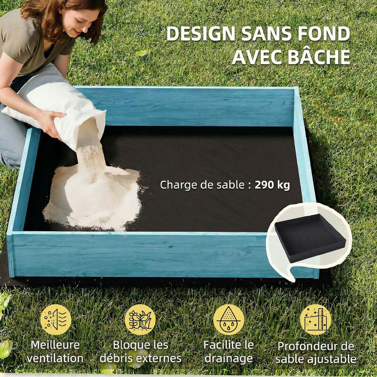 Bac à sable en bois avec couvercle, bac à sable enfant extérieur avec siège pliable toile imprimée flamants bleus