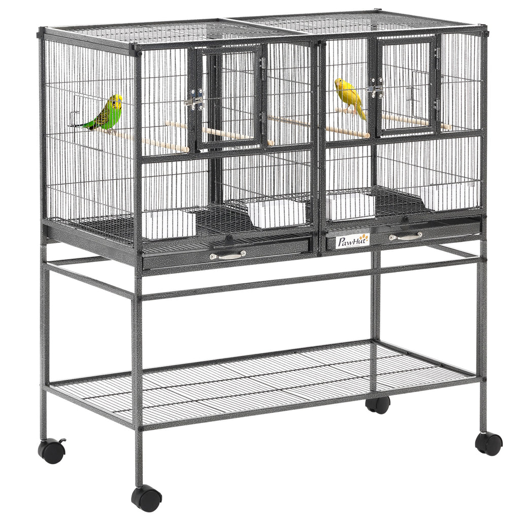 Cage à Oiseaux Volière Oiseaux Intérieur avec Séparation Mangeoire et Perchoir 95L x 45,5l x 102H cm Noir et Gris