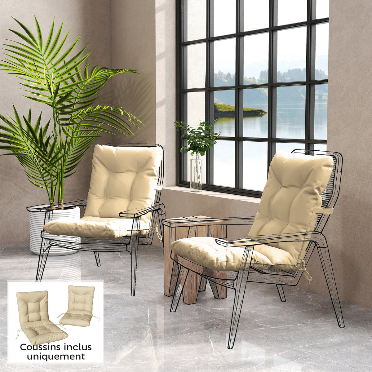 Lot de 2 coussins de chaise d'extérieur, coussins de jardin avec attaches, intérieur et extérieur, 120 x 50 x 8 cm, beige