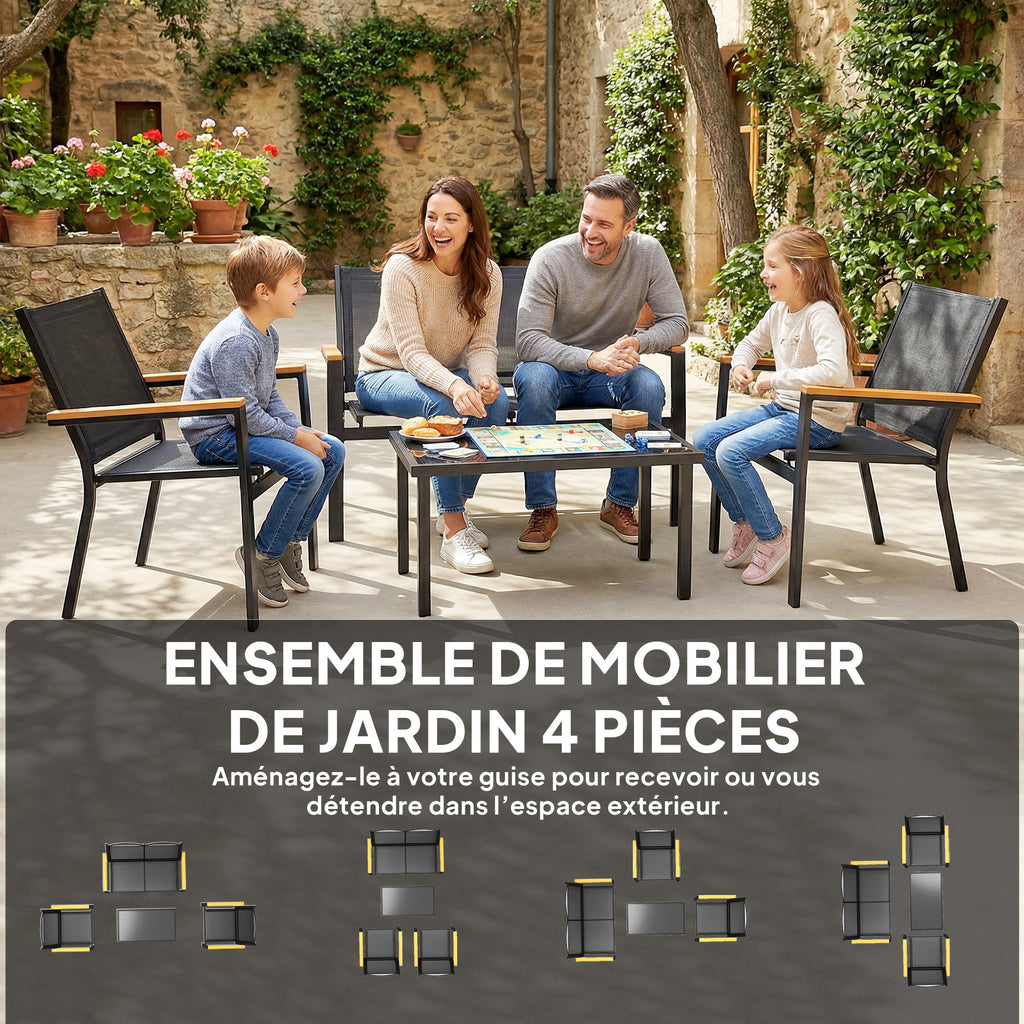Salon de jardin extérieur 4 pièces avec canapé 2 places, 2 chaises et table basse en verre trempé, noir