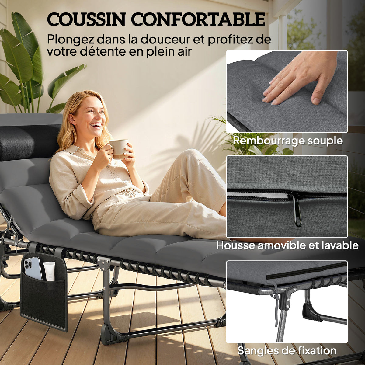Chaise longue jardin extérieur, Bain de soleil Pliable, dossier inclinable sur 5 positions, 200 x 57 x 38 cm, gris Foncé