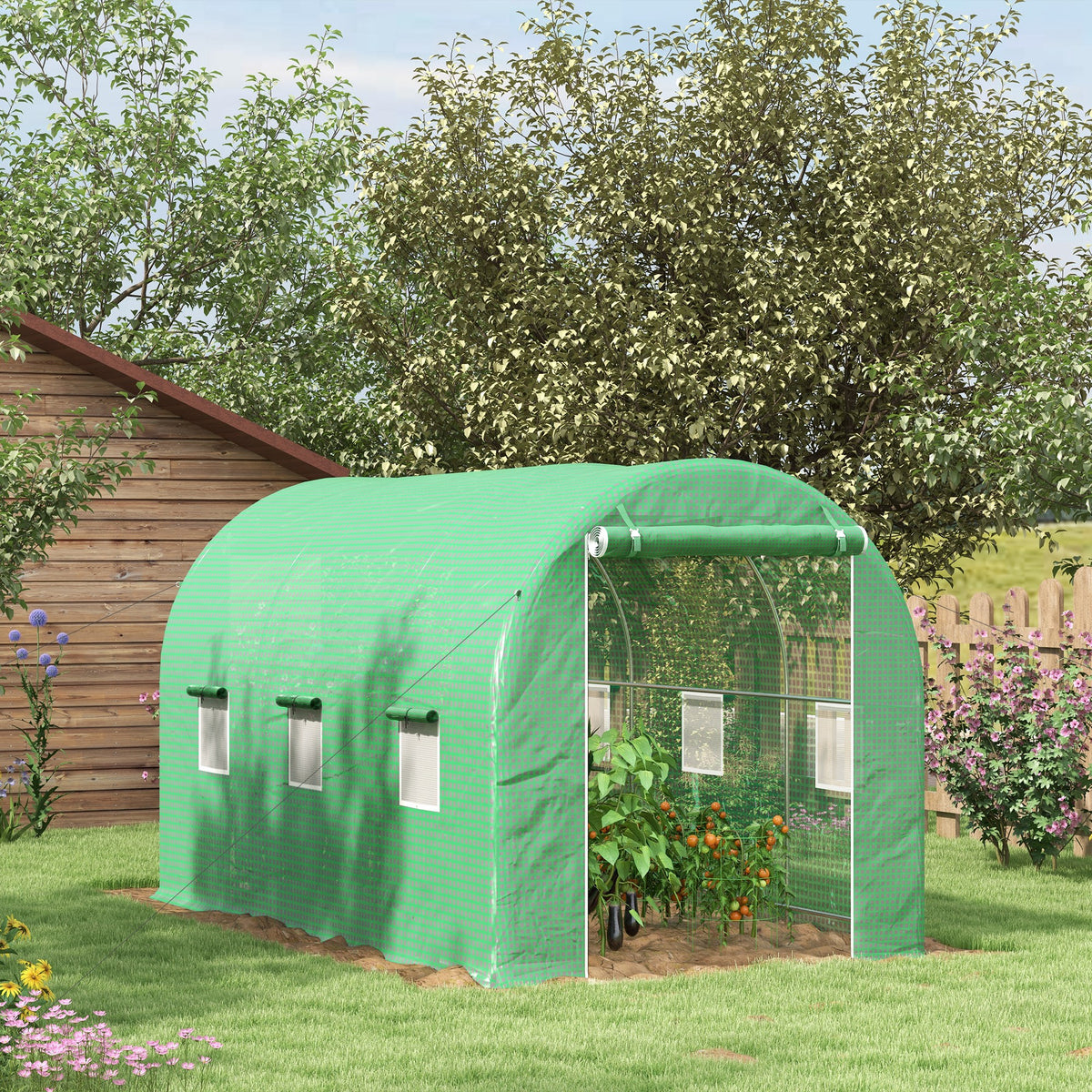 Serre de Jardin Tunnel Surface Sol 8 m² 4L x 2l x 2,05H m châssis Tubulaire Porte zippée 6 fenêtres enroulables vert