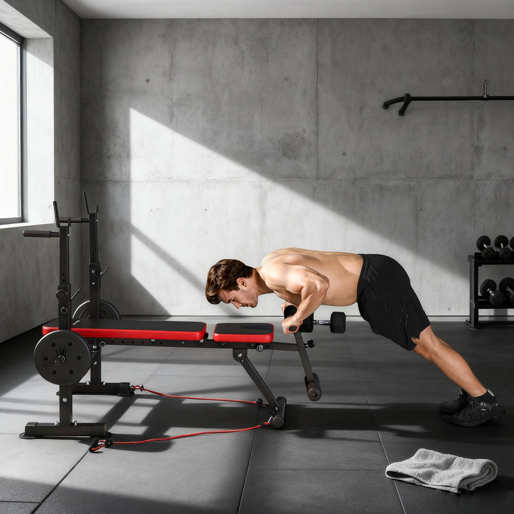 Banc de musculation complet multifonction avec dossier réglable, repose-jambes et support de poids 147x109x122cm noir