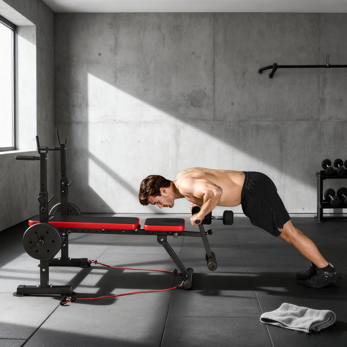 Banc de musculation complet multifonction avec dossier réglable, repose-jambes et support de poids 147x109x122cm noir