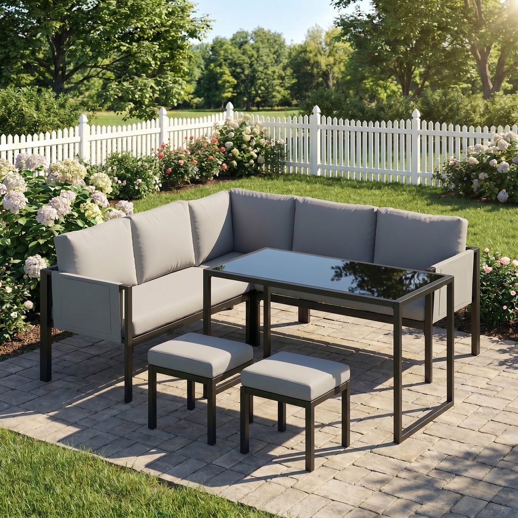 Salon de Jardin Canapé d'Angle Extérieur 6 Pièces Coussins 10cm Table Haute et 2 Repose-pieds Gris