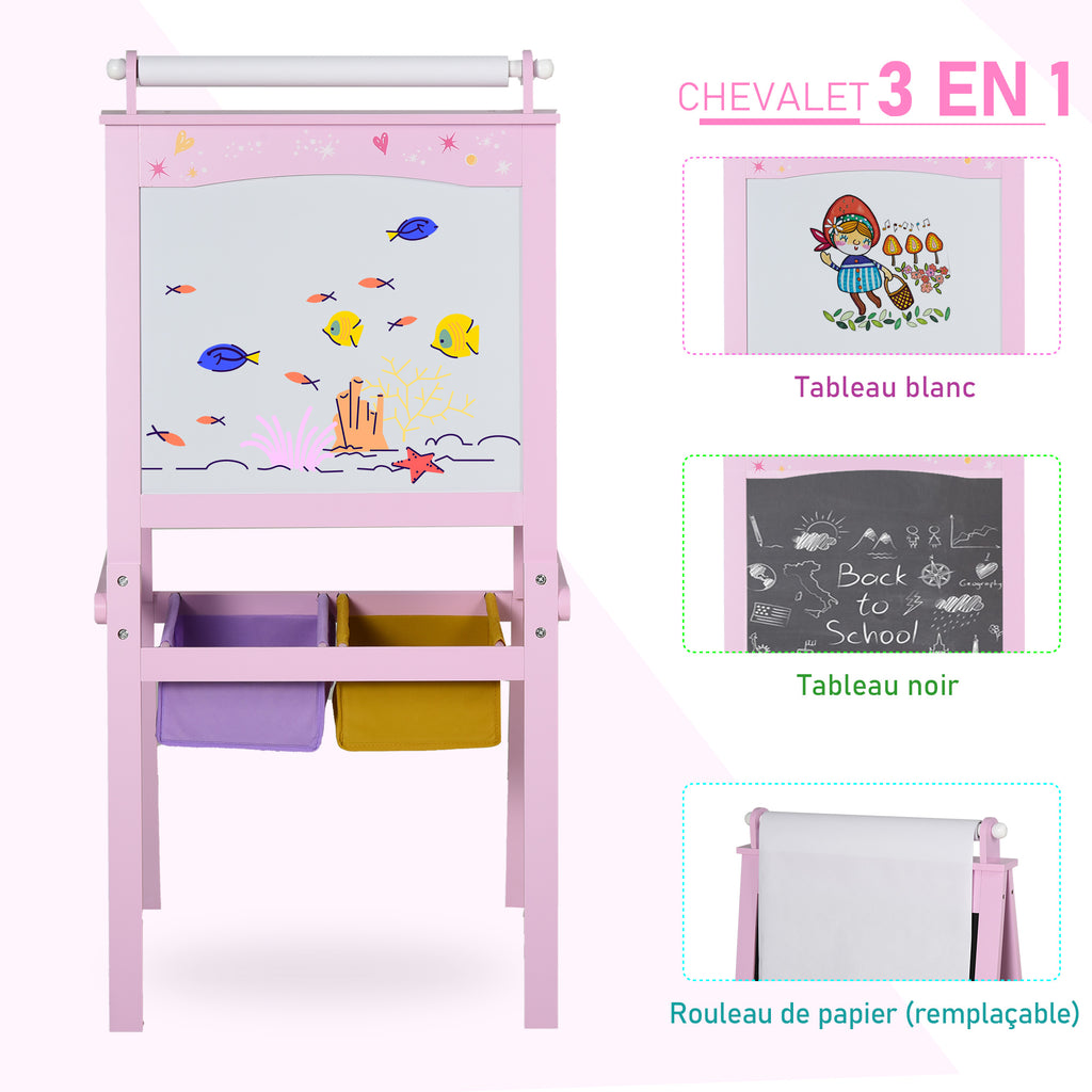 3 en 1 Tableau Enfant - chevalet Enfant - Ardoise Double Face - Tableau Blanc Tableau à Craie - Rouleau Papier avec accessoires + paniers Rangement intégrés - MDF Rose
