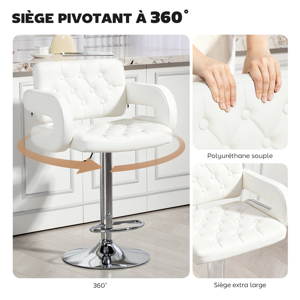 Tabouret de bar pivotant chaise de bar réglable en hauteur avec dossier repose-pieds et accoudoirs 61x50x93-113cm blanc