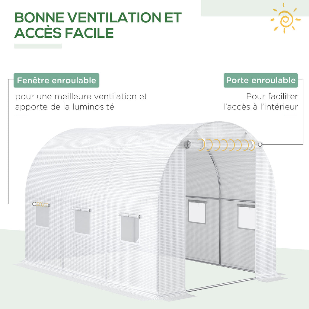 Bâche de Rechange Serre Tunnel 6 m², bâche PE Anti-UV imperméable 6 fenêtres + Porte Enroulable zippée Blanc
