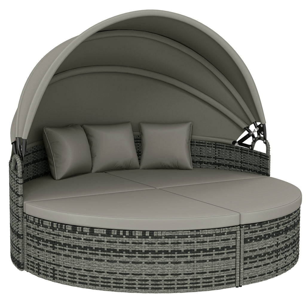 Bain de soleil rond, lit de jardin extérieur modulable 3 PSC en résine tressée avec auvent rétractable, gris clair