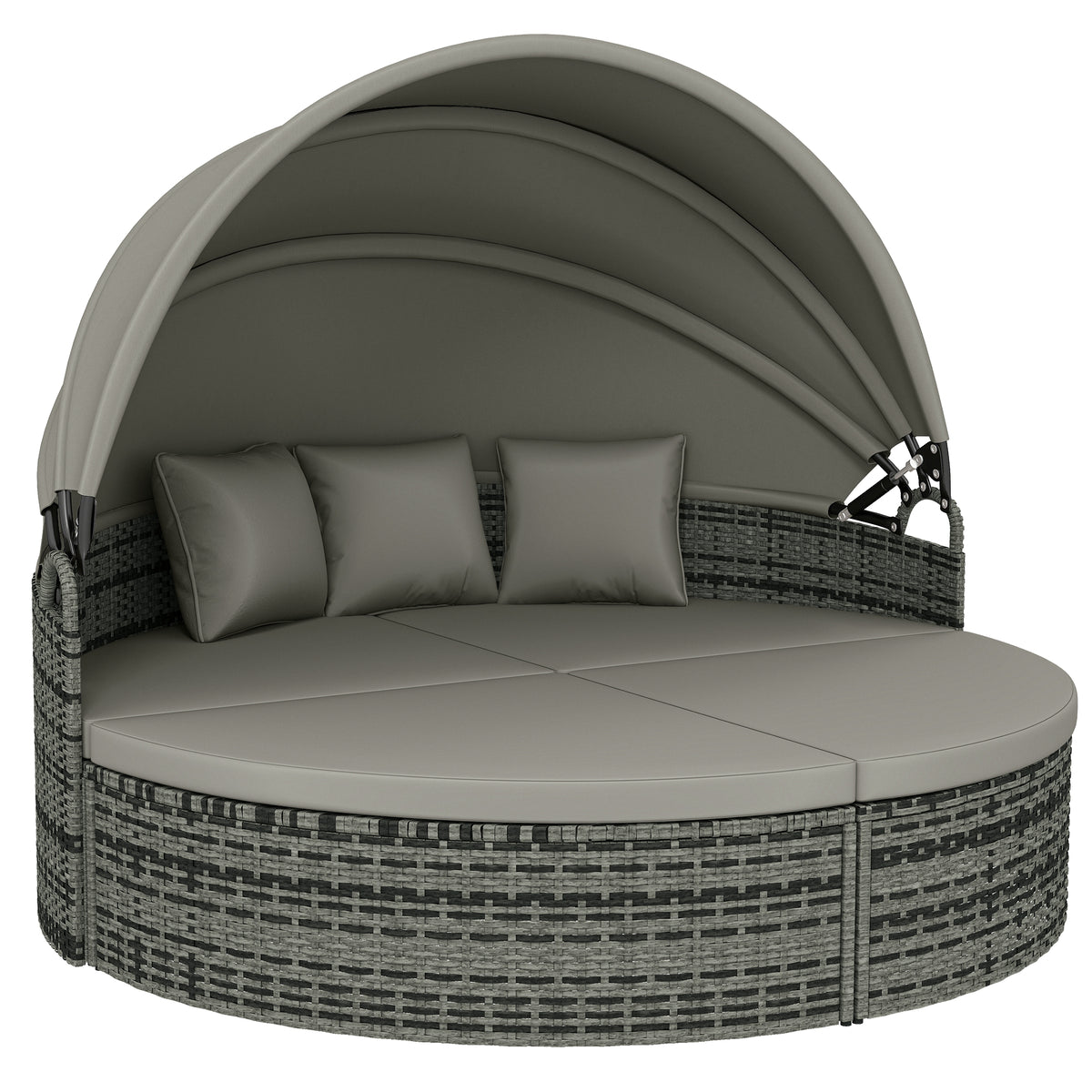 Bain de soleil rond, lit de jardin extérieur modulable 3 PSC en résine tressée avec auvent rétractable, gris clair