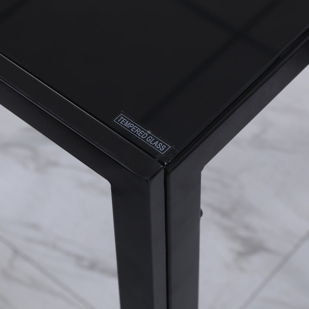 Table à manger pour 4 personnes, table de cuisine avec plateau en verre trempé et pieds en métal, 120x60x75cm, noir
