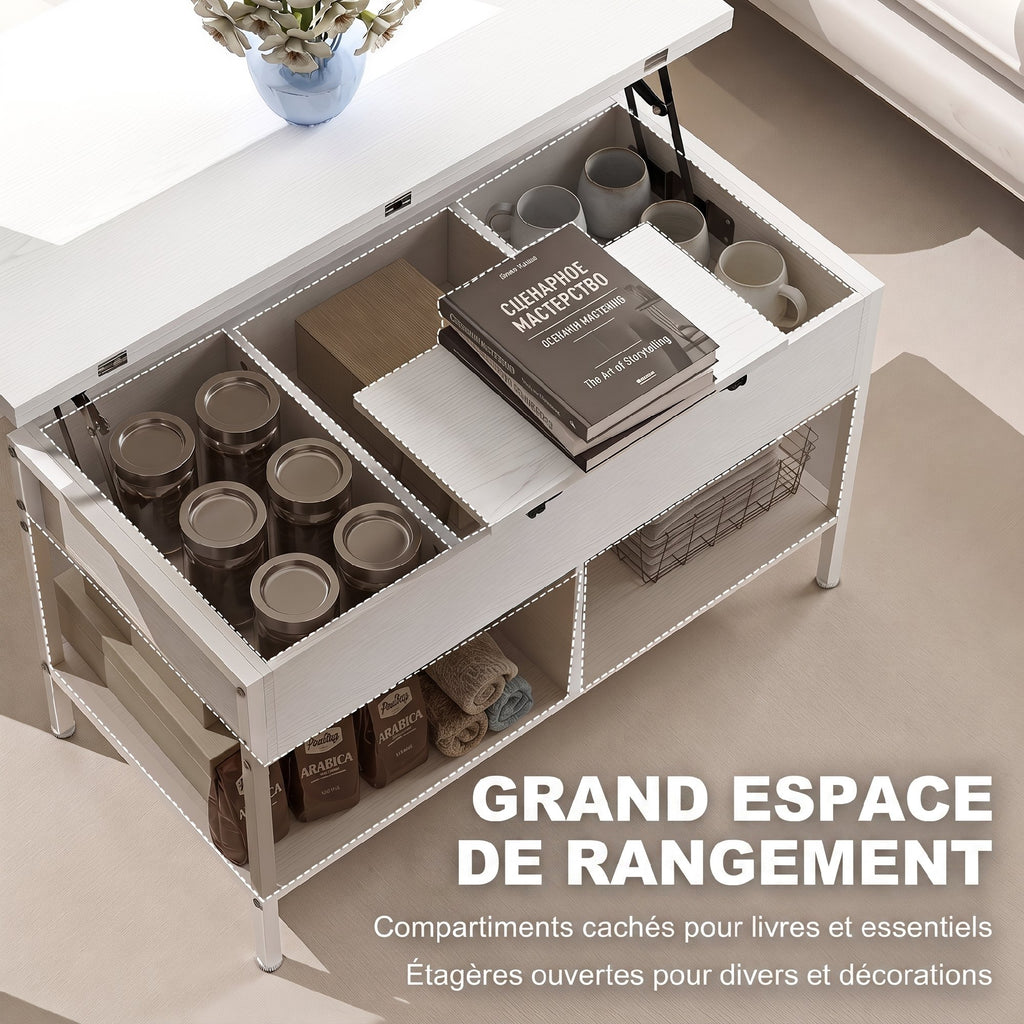 Table basse relevable et extensible, table de salon avec compartiment caché étagères ouvertes, 98x49x55cm, blanc