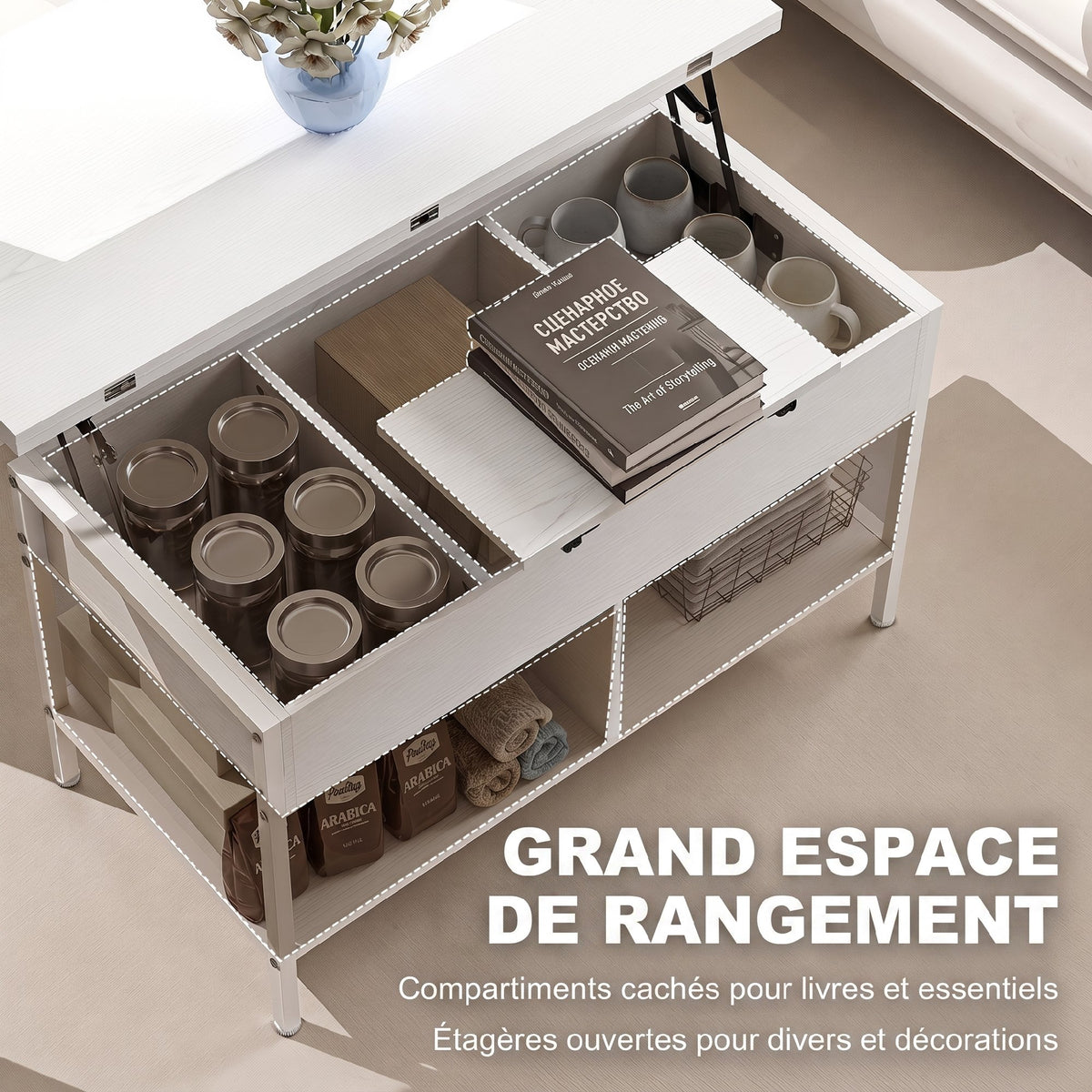 Table basse relevable et extensible, table de salon avec compartiment caché étagères ouvertes, 98x49x55cm, blanc