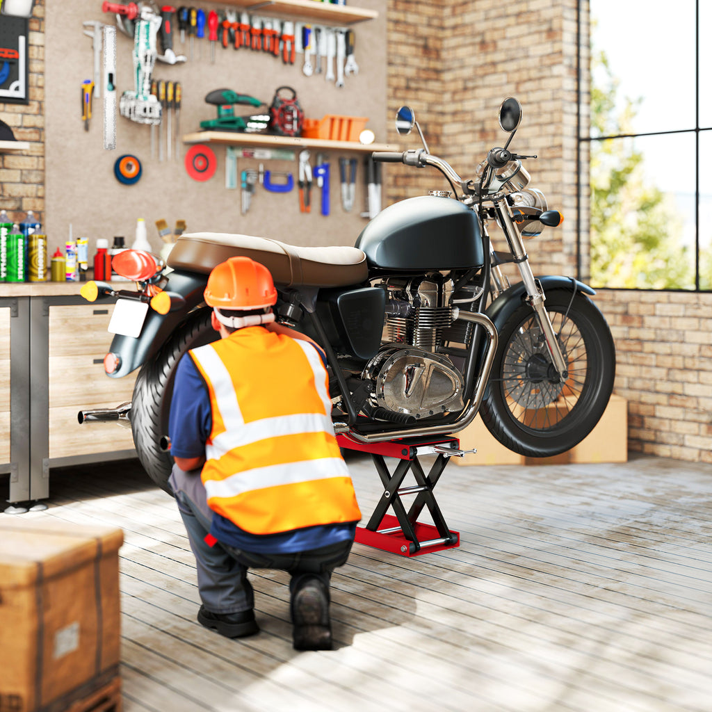 Cric de Moto à Ciseaux 500 kg, Hauteur de Levage 10-37 cm - Lève-Moto en Acier avec Plateforme Antidérapante - Béquille d'Atelier Tout-Terrain pour Entretien Atelier, Rouge