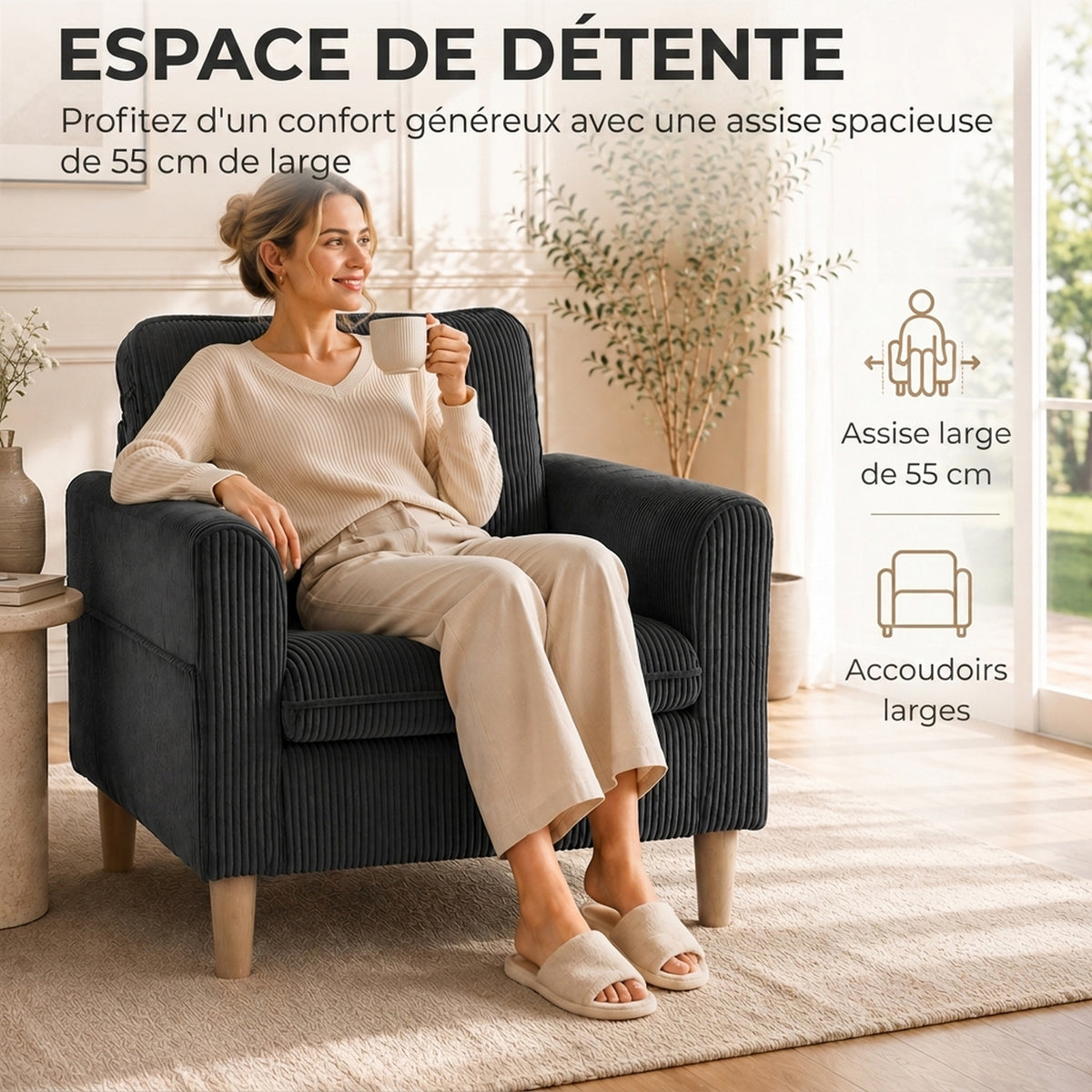 Fauteuil de salon en velours côtelé, canapé 1 place rembourré, assise large, coussin à ressorts, 83x74x87cm, Gris Foncé