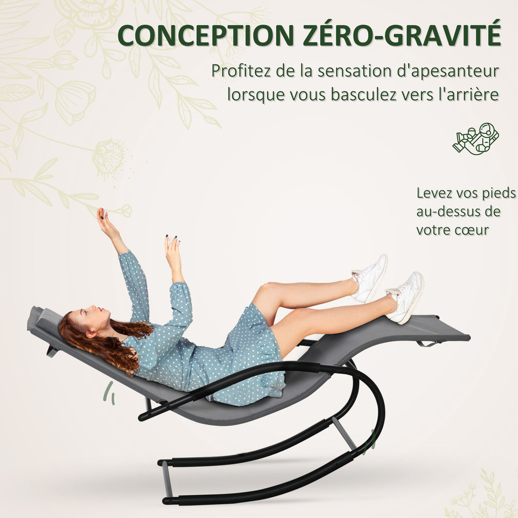 Chaise longue à bascule rocking chair ergonomique avec tétière accoudoirs métal galvanisé textilène Gris