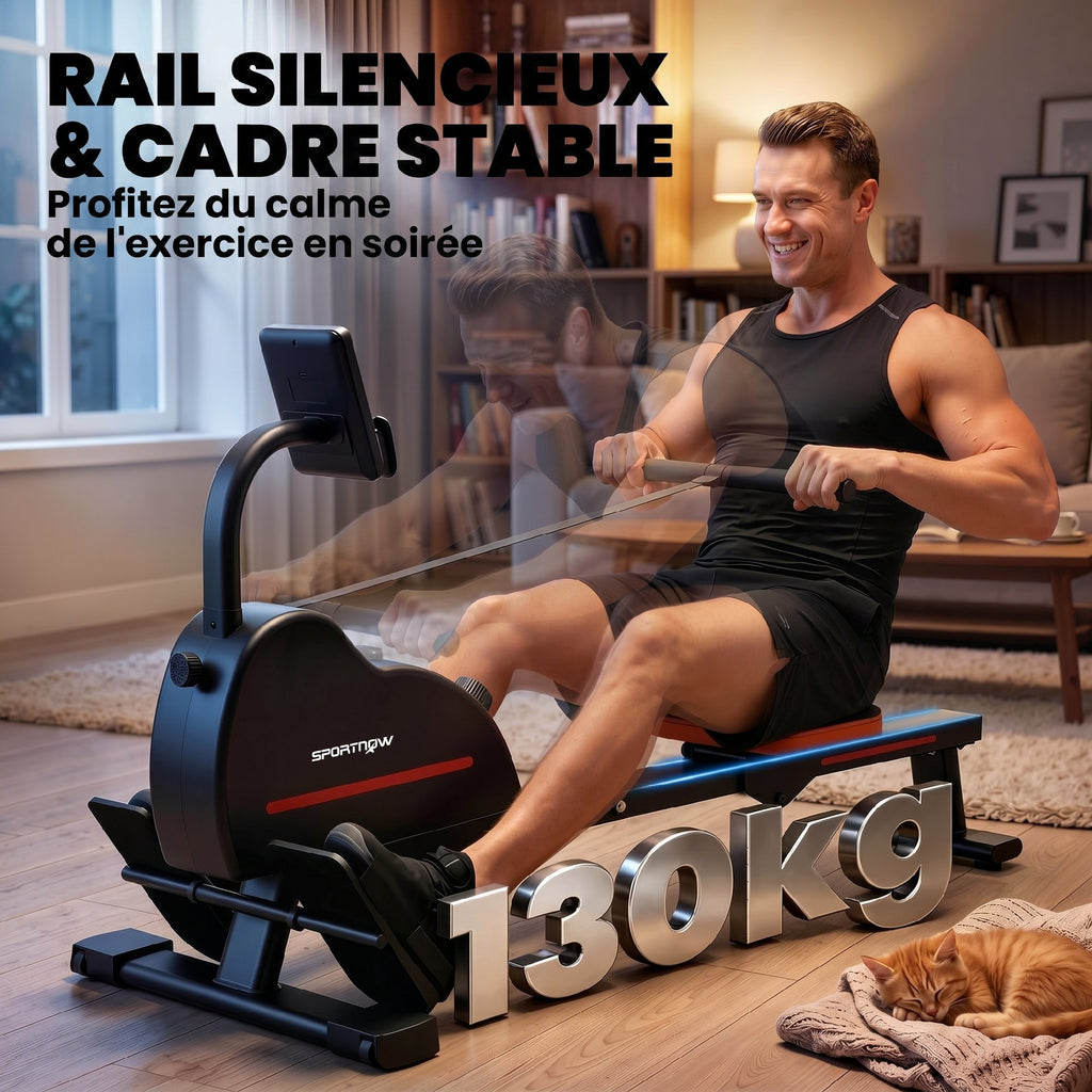 Rameur Musculation d'Appartement Bluetooth Connecté Kinomap & Zwift 16 Niveaux Résistance Silencieux 135x42x72cm Rouge