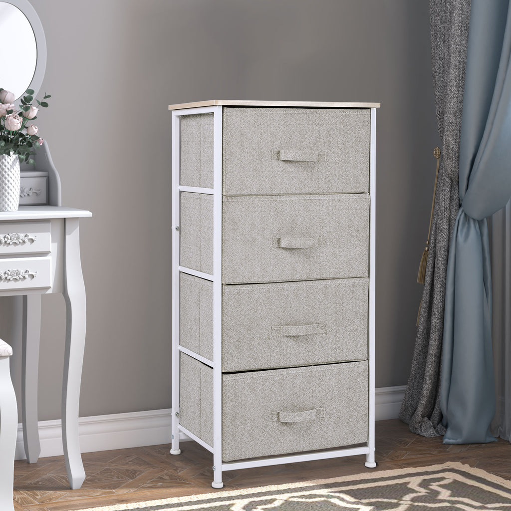 Commode en Tissu Meuble de Rangement 4 tiroirs chiffonnier dim. 45L x 30l x 92H cm Cadre en métal et non-tissé, blanc
