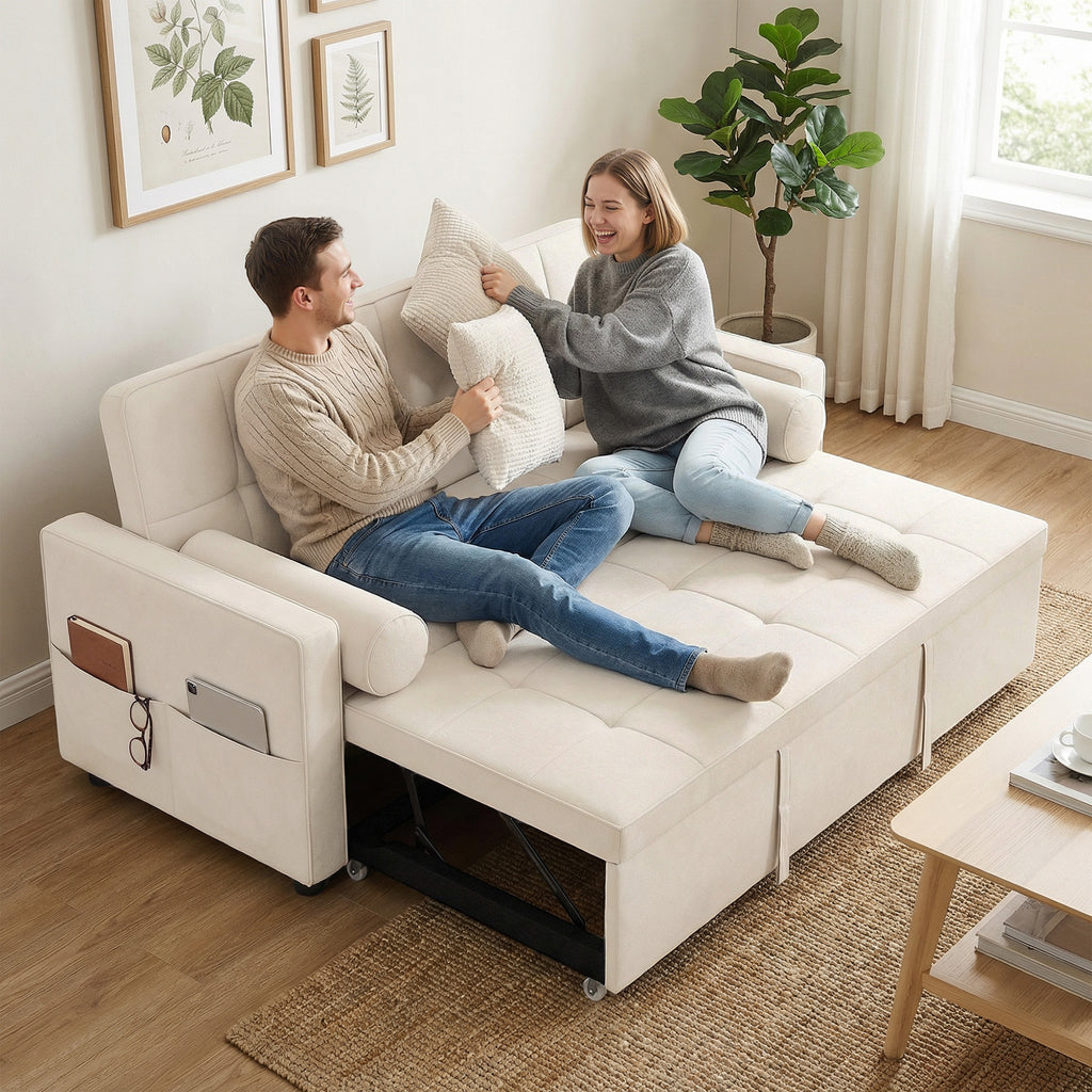 Canapé convertible 2 places 3 en 1 canapé-lit avec lit gigogne double dossier réglable 2 coussins 80,5x137,5x84cm beige