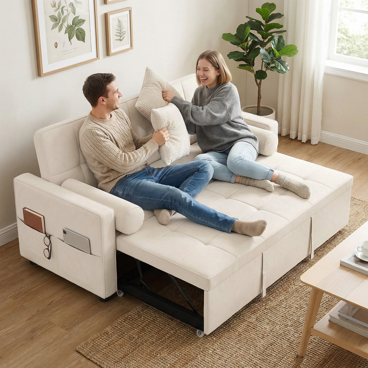 Canapé convertible 2 places 3 en 1 canapé-lit avec lit gigogne double dossier réglable 2 coussins 80,5x137,5x84cm beige