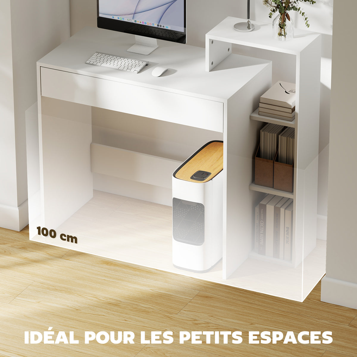 Bureau avec rangement, bureau d'ordinateur avec 3 étagères de rangement et tiroir, 100 x 40 x 90 cm, blanc