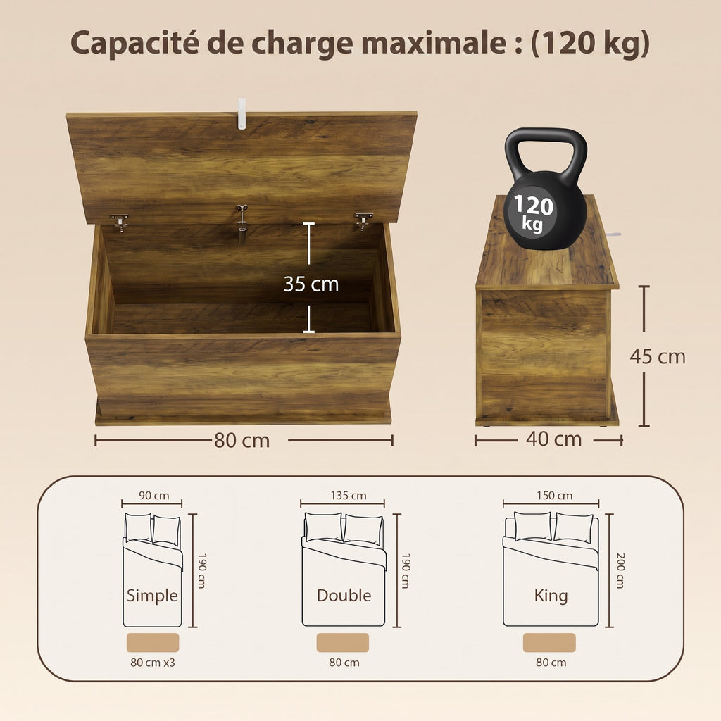 Coffre de Rangement, Banc de Rangement avec Couvercle Rabattable et Charnières de Sécurité, 80 x 40 x 45 cm, Marron