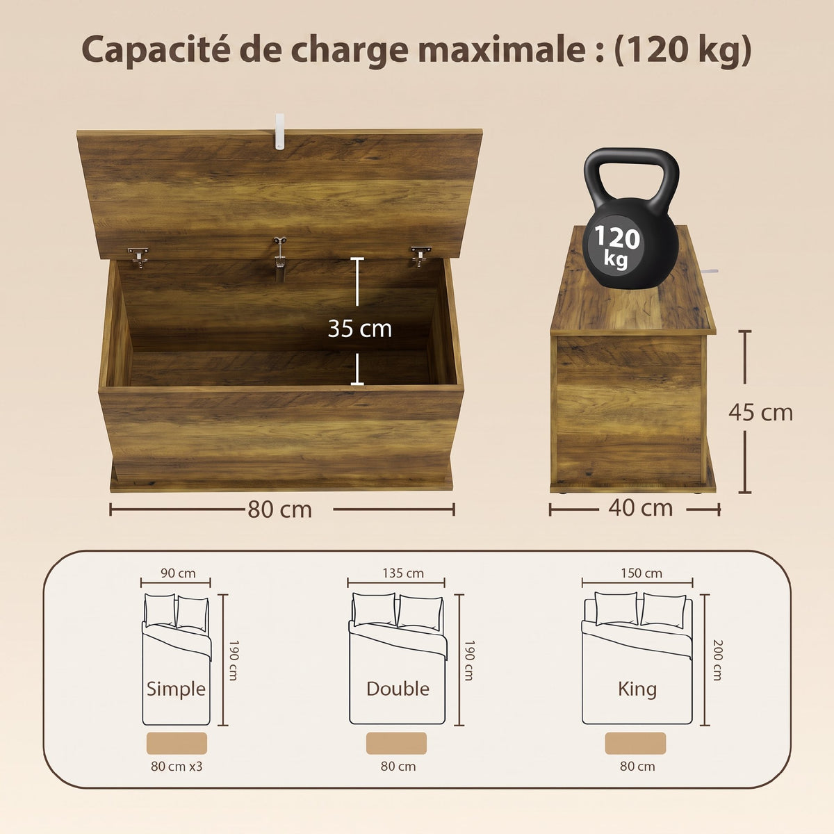 Coffre de Rangement, Banc de Rangement avec Couvercle Rabattable et Charnières de Sécurité, 80 x 40 x 45 cm, Marron