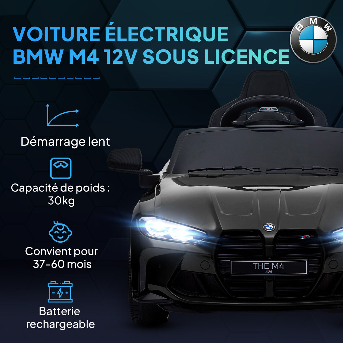 Voiture Électrique pour Enfants BMW M4 12V avec Télécommande 2,4G, Double Moteur, Klaxon, Lumières LED, Noir