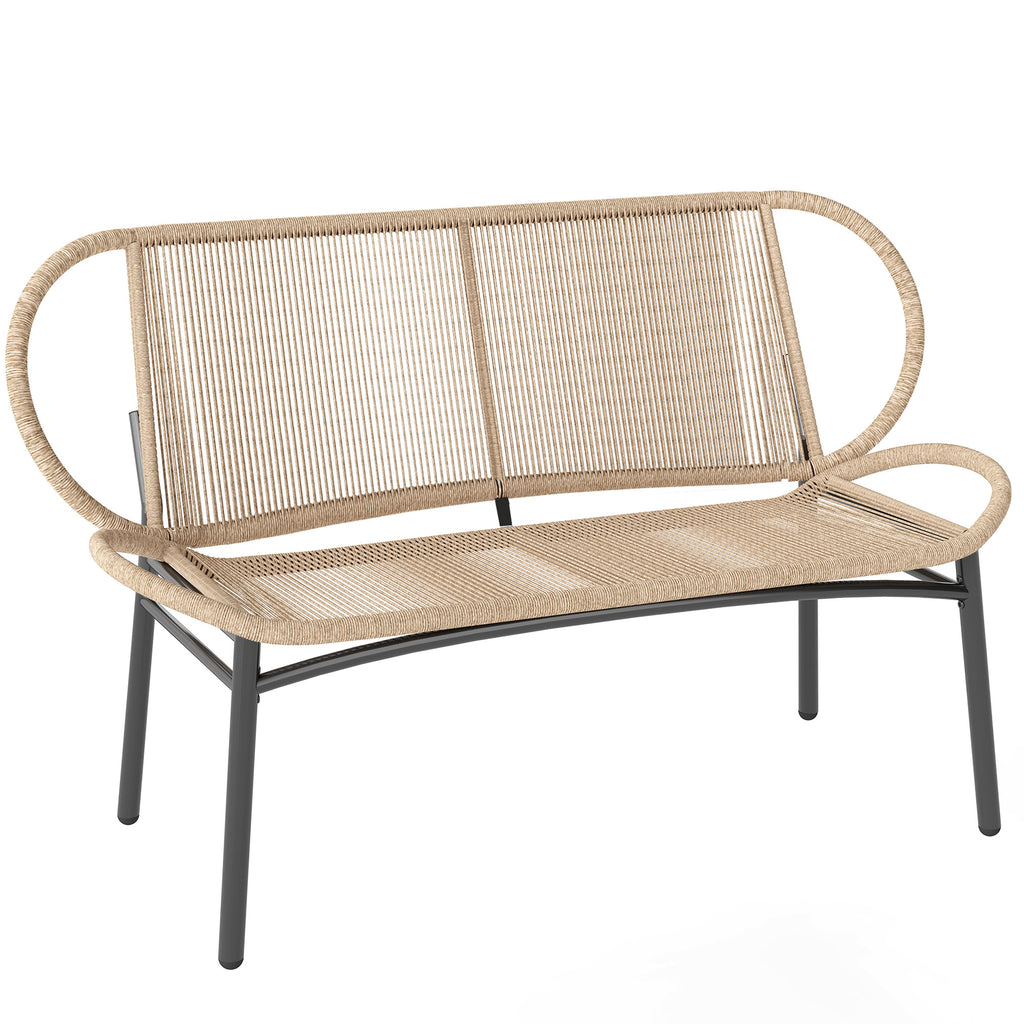 Banc de jardin 2 places, banc d'extérieur en résine tressée avec cadre en métal, résistant aux intempéries, naturel