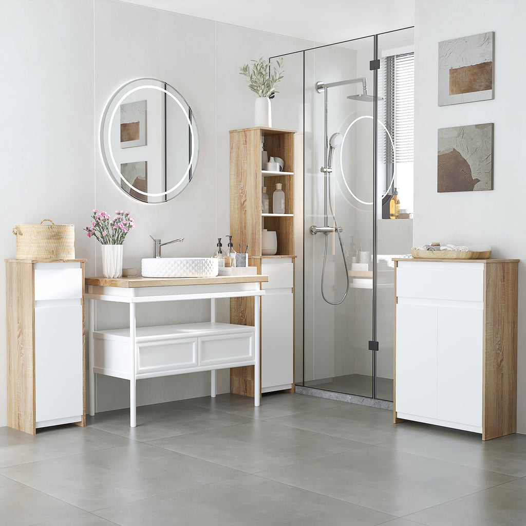 Meuble Colonne Rangement Salle de Bain Style Cosy 3 niches tiroir Placard avec étagère Blanc Aspect chêne Clair