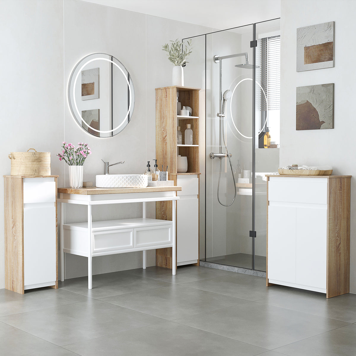 Meuble Colonne Rangement Salle de Bain Style Cosy 3 niches tiroir Placard avec étagère Blanc Aspect chêne Clair