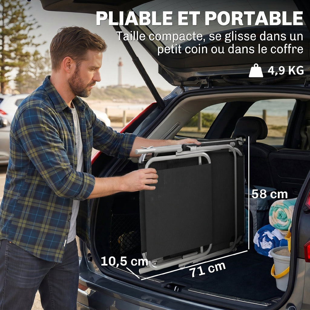 Transat Bain de Soleil Pliable Chaise Longue Pliante Grand Confort Dossier Inclinable Multi-positions et Pare-Soleil réglable Dim. 187L x 58l x 36H cm Noir