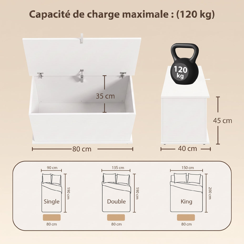 Coffre de Rangement, Banc de Rangement avec Couvercle Rabattable et Charnières de Sécurité, 80 x 40 x 45 cm, Blanc