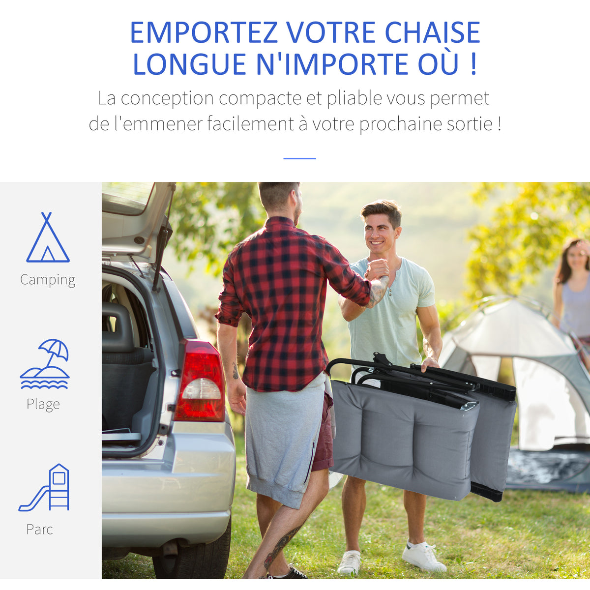 Bain de soleil pliable transat inclinable 6 positions avec matelas + accoudoirs acier polyester gris