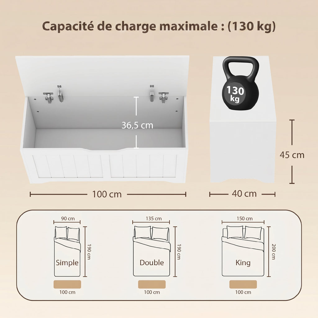 Coffre de Rangement 136 L, Banc Coffre avec 2 Charnières de Sécurité et Design Sans Poignée, 100 x 40 x 45 cm, Blanc