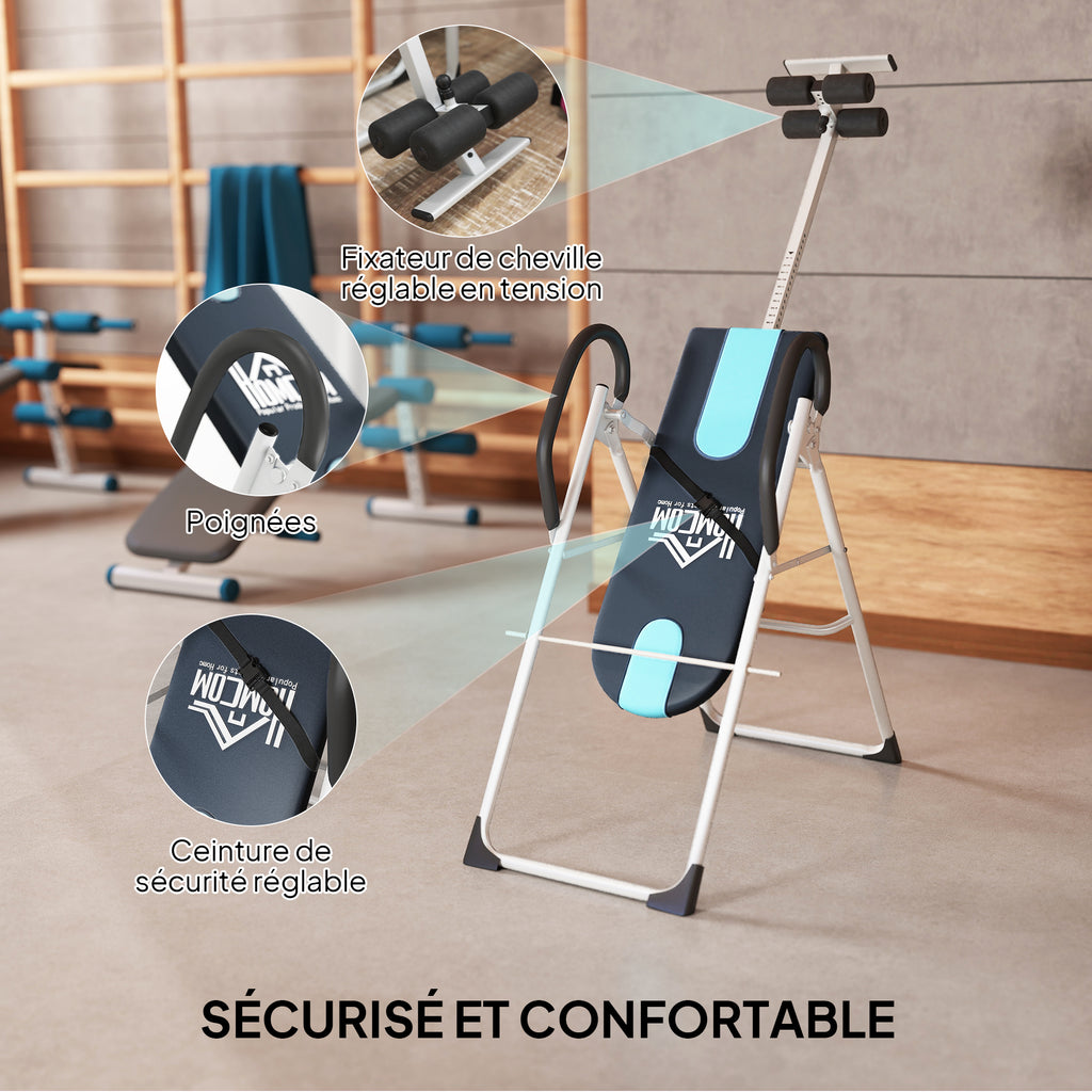 Table d'inversion de musculation pliable ceinture de sécurité réglable acier coloris argent noir