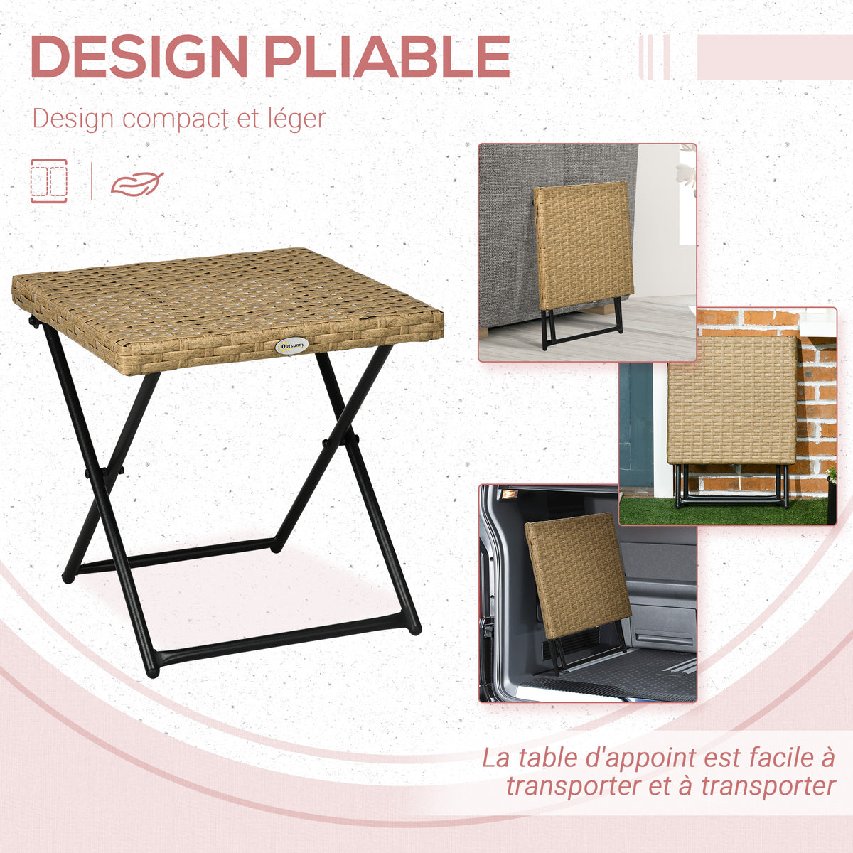 Table basse pliable de jardin style cosy chic dim. 40L x 40l x 40H cm métal époxy résine tressée bois naturel