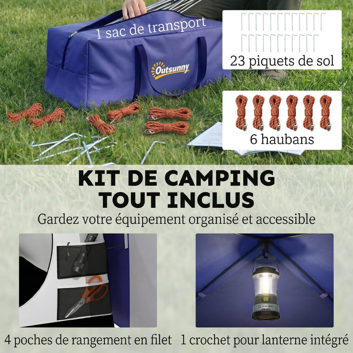 Tente de Camping pour 4 Personnes, 2 Chambres, Imperméable 3000mm, avec Tapis de Sol et Sac, 420x300x200cm, Bleu Foncé