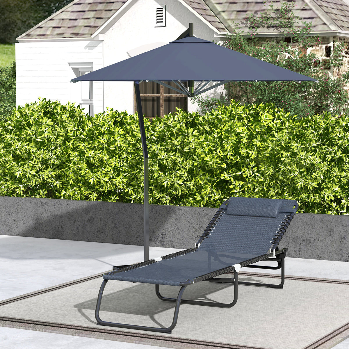 Bain de Soleil transat Pliable Dossier inclinable Multi-Positions Acier thermoplastique Lacets élastiques Noir