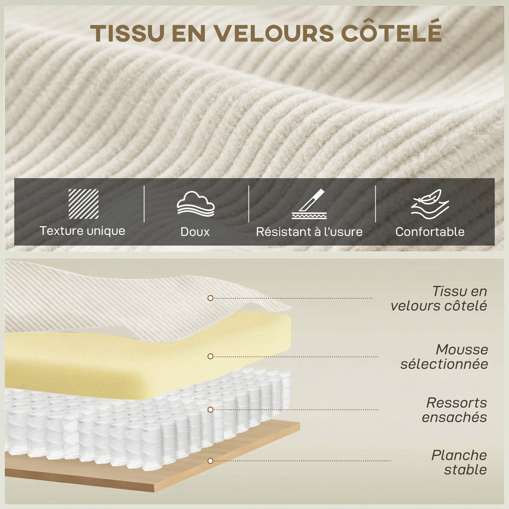 Canapé 3 places en velours côtelé 218 cm, canapé salon,  coussins à ressorts, larges accoudoirs, 2 coussins, beige