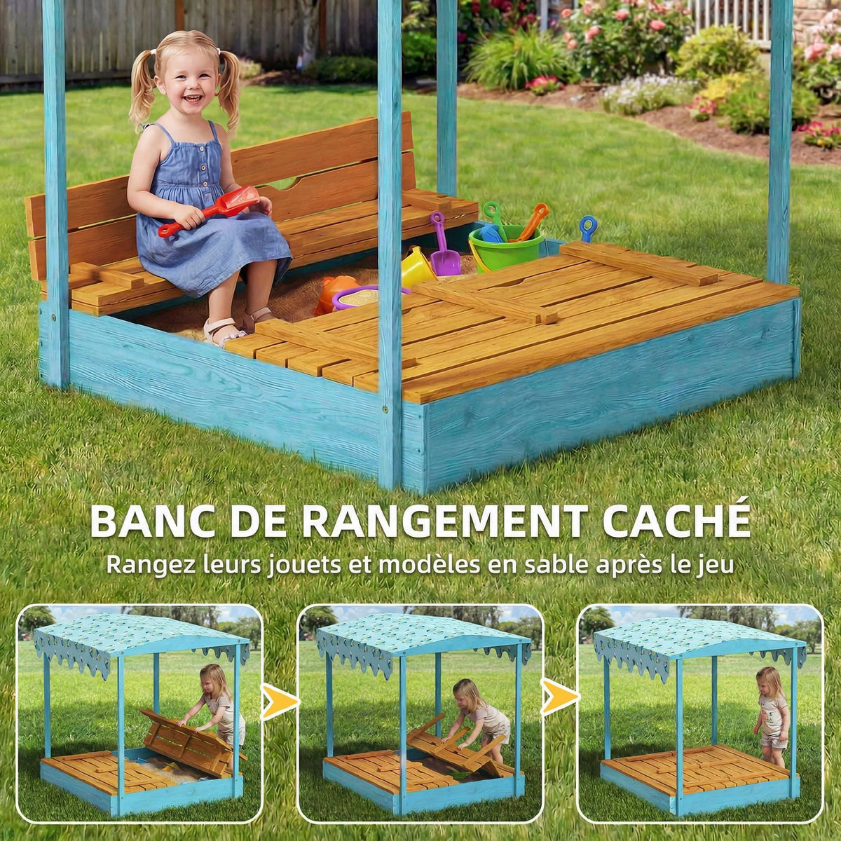 Bac à sable en bois avec couvercle, bac à sable enfant extérieur avec siège pliable toile imprimée flamants bleus