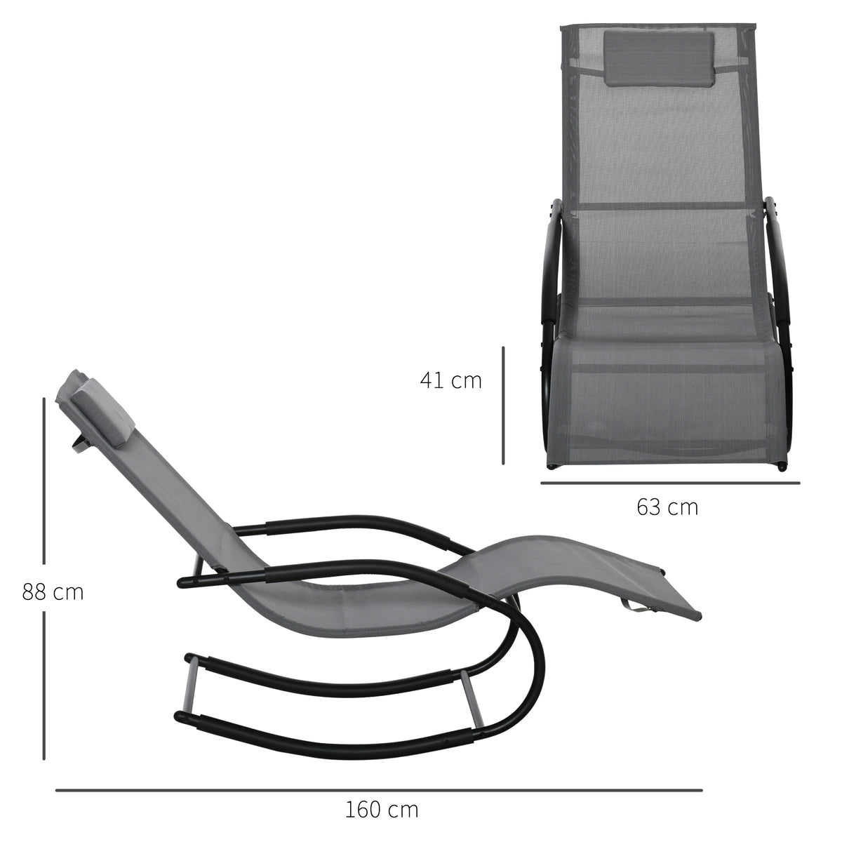 Chaise longue à bascule rocking chair ergonomique avec tétière accoudoirs métal galvanisé textilène Gris