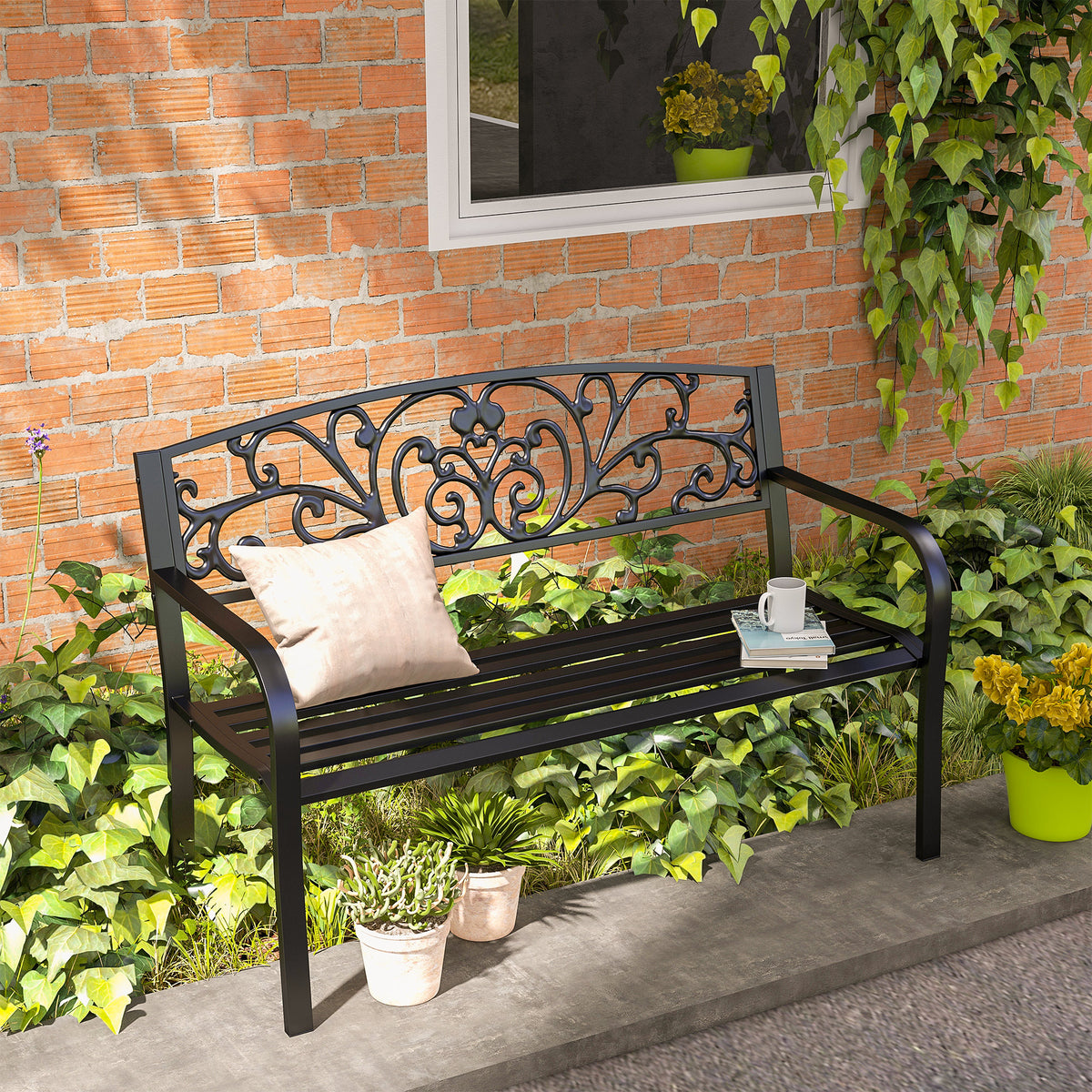 Banc de Jardin terrasse en Acier Fonte Noir 2 Places 127 x 60 x 87 cm Charge Max 240 Kg