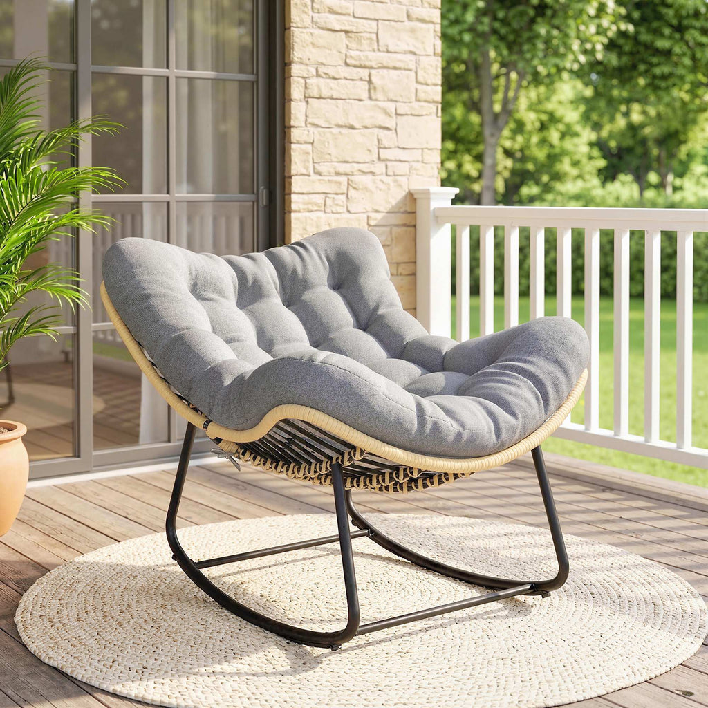 Fauteuil à bascule de jardin pour intérieur et extérieur, rocking chair en résine tressée avec coussin moelleux, gris