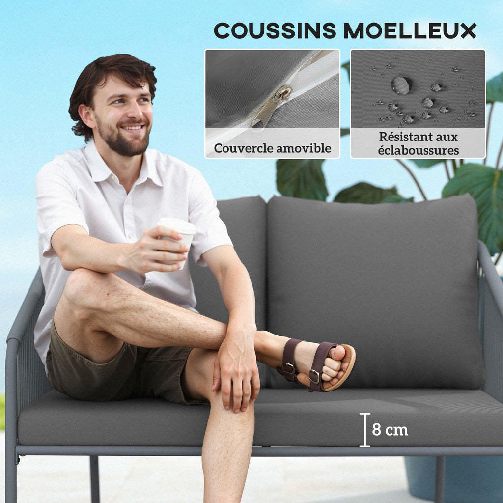 Canapé de jardin 2 places en résine tressée avec coussins canapé d'extérieur accoudoirs cadre en acier 112x72x76cm gris