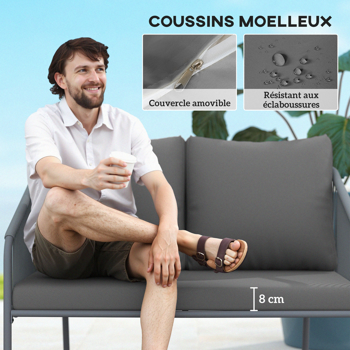 Canapé de jardin 2 places en résine tressée avec coussins canapé d'extérieur accoudoirs cadre en acier 112x72x76cm gris