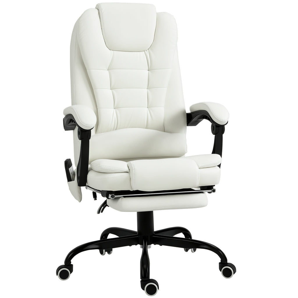 Fauteuil de Bureau Massant 7 Points, Chaise de Bureau Ergonomique avec Repose-pieds Rétractable, Dossier Inclinable 155°, Hauteur Réglable, Pivotant à 360°, télécommande Filaire, Blanc