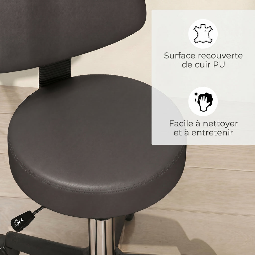 Tabouret massage a roulettes reglable en hauteur pivotant avec dossier ergonomique gris