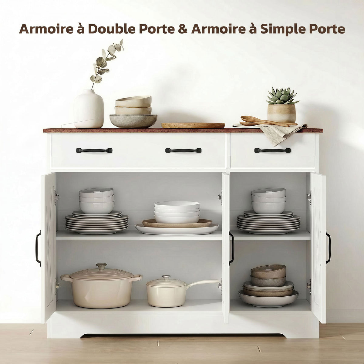 Buffet cuisine, meuble de rangement avec 3 portes de grange, 2 tiroirs et étagères réglables, 108 x 40 x 81 cm, blanc