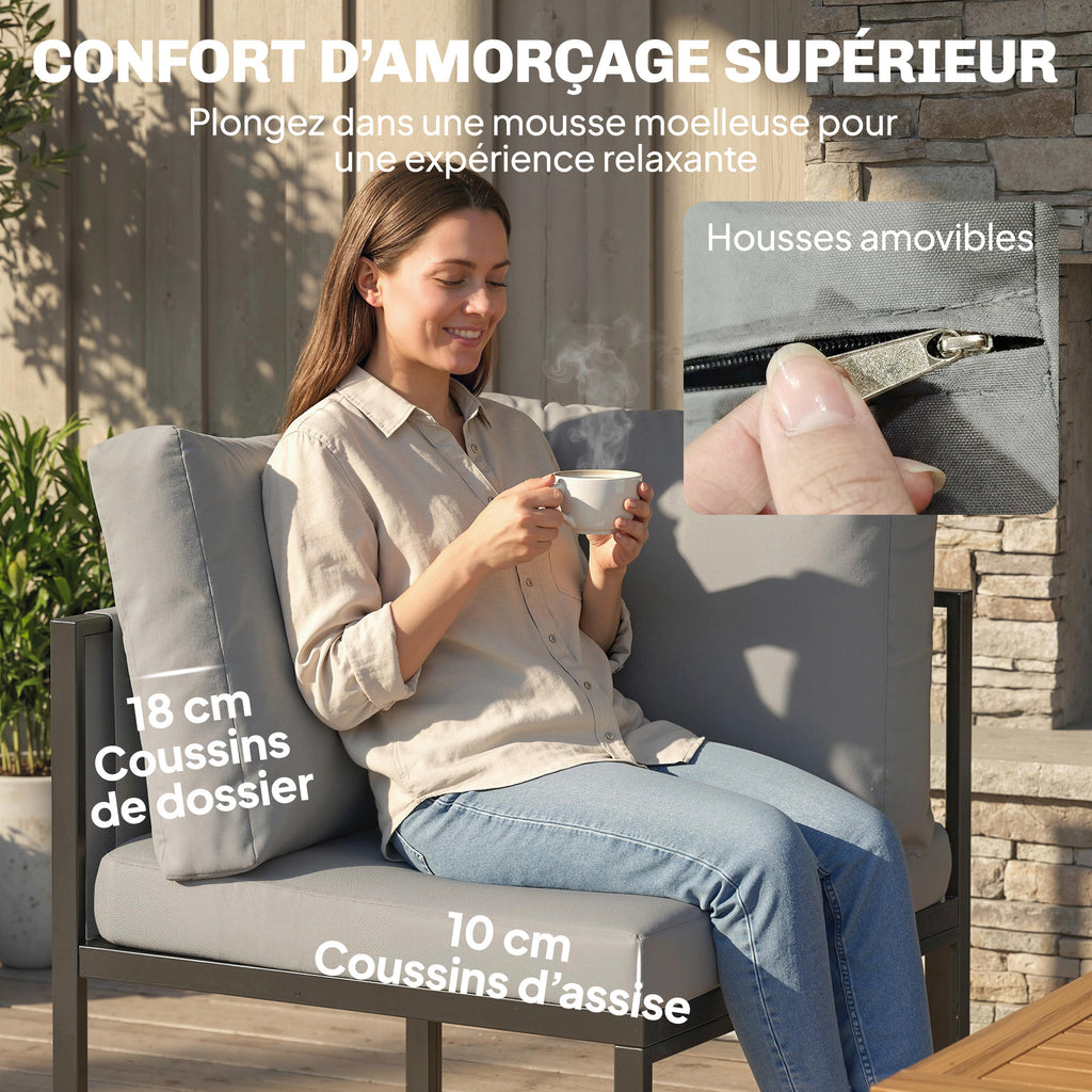 Salon de Jardin Canapé d'Angle Extérieur 6 Pièces Coussins 10cm Table Haute et 2 Repose-pieds Gris